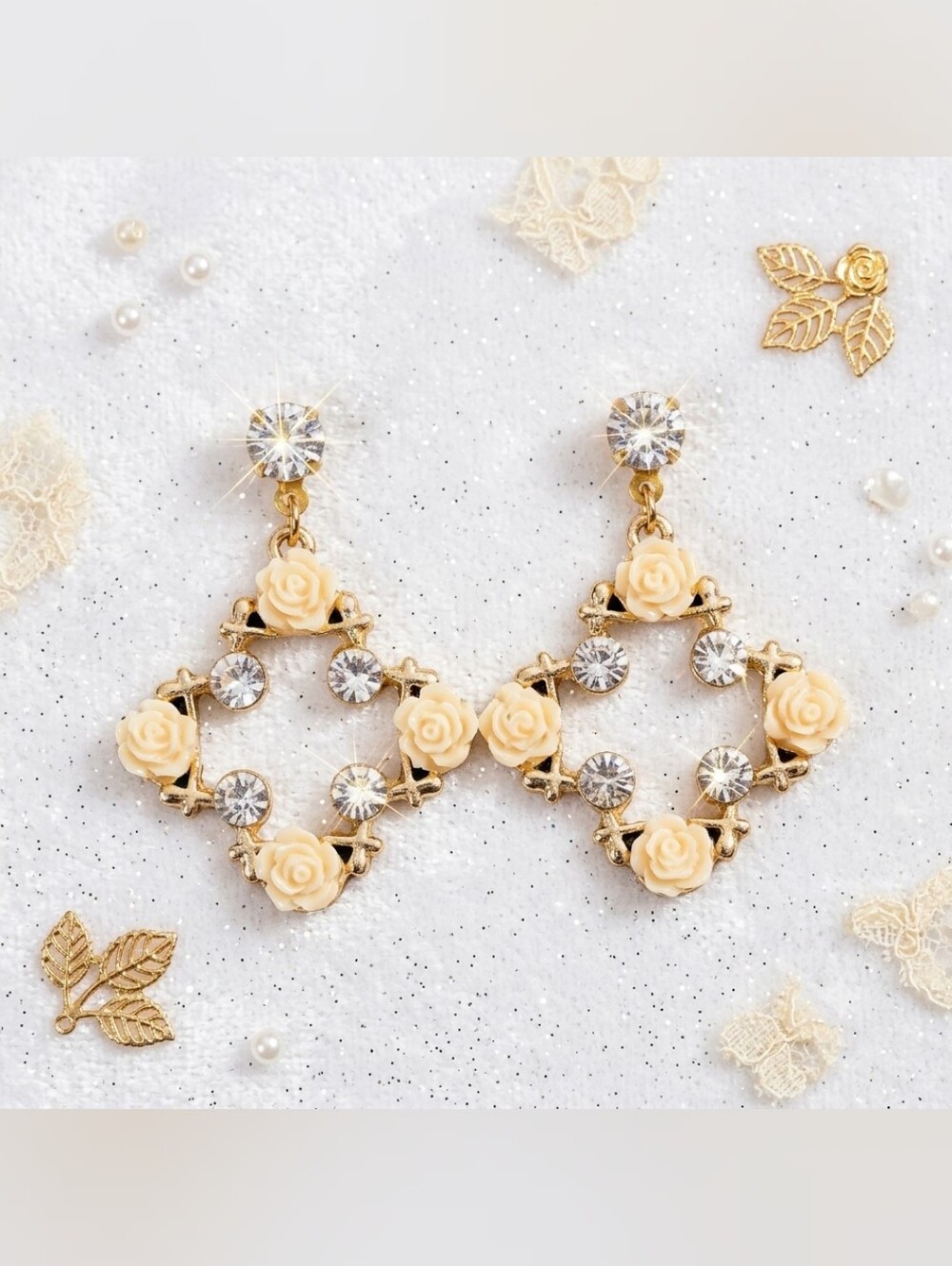 Gold Plated Crystal Peach Flower Earrings With Silver Posts
